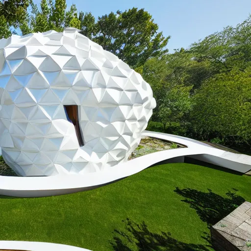 Image similar to evolving fractal, flowing white architectural Villa, futuristic 3D, voronoi pattern of a timber-frame pool pavilion with magnolias on the roof has its own guest entry and distinct areas for cooking, dining, and relaxing, the dining rotunda has a built-in pizza oven and a custom-designed table to accommodate eight to 16 people, the center section of the structure features the kitchen and bar, the lounge rotunda provides a covered seating area located adjacent to the fireplace, the pavilion’s ceiling has a floral motif that mimics a magnolia tree near the pool slide, sun rays through the pavilion structure, lush botanical trees, prairie landscaping, sunrise, golden hour, illuminated pool, fluffy clouds