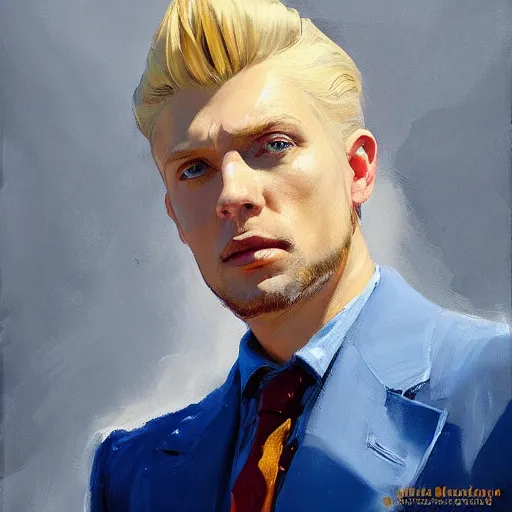 Image similar to greg manchess portrait painting of a blond man in a blue suit with a sword and a pistol, asymmetrical, profile picture, organic painting, sunny day, matte painting, bold shapes, hard edges, street art, trending on artstation, by huang guangjian, gil elvgren, ruan jia, randy vargas, greg rutkowski