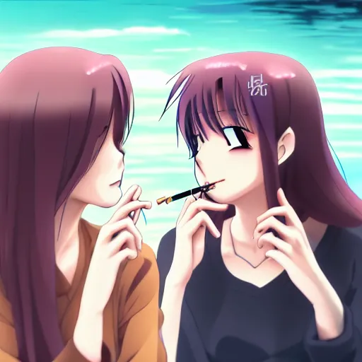 Image similar to two beautiful lesbian girls in love, smoking a hemp cigarette with smoke, sitting in front of a lake, in the style of anime, close - up, highly detailed face, 4 k, pixiv, intricate, elegant, highly detailed, lush, stylized, japanese, smooth