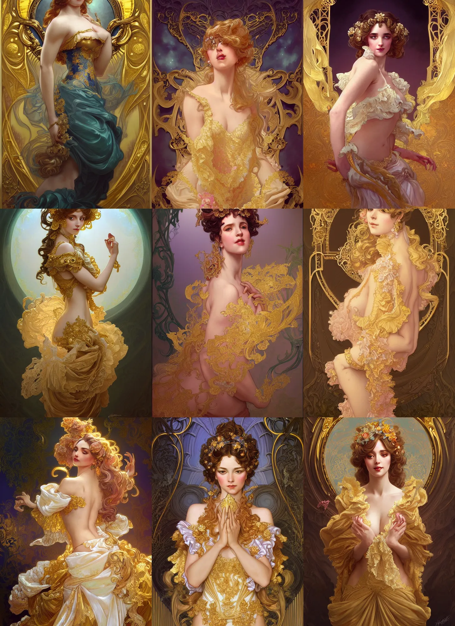 Prompt: rococo and art nouveau fusion backdrop, frilly gold lame and iridescent diaphanous silk, fantasy, intricate, elegant, highly detailed, digital painting, artstation, concept art, matte, sharp focus, illustration, hearthstone, art by artgerm and greg rutkowski and alphonse mucha