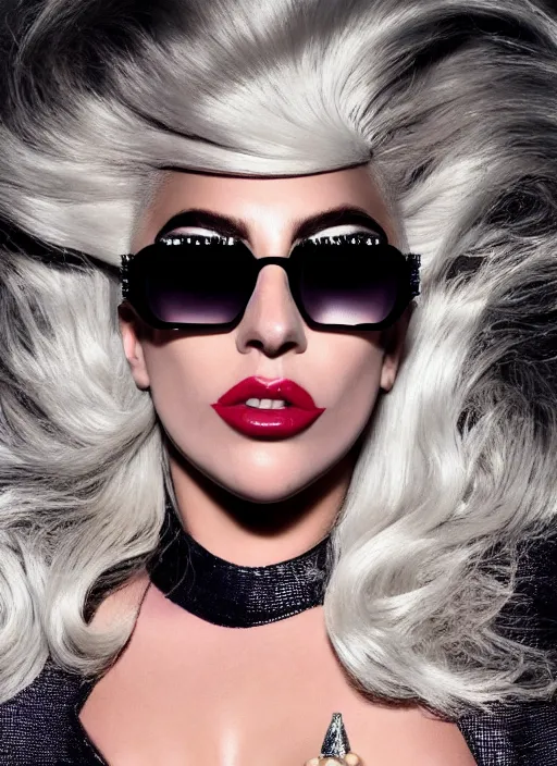 Image similar to lady gaga styled by nick knight posing, born this way 2 0 1 1 album inspired, photohoot, long platinum blonde hair with bangs fringe, versace sunglases, vogue magazine, canon, highly realistic. high resolution. highly detailed. dramatic. 8 k. 4 k.