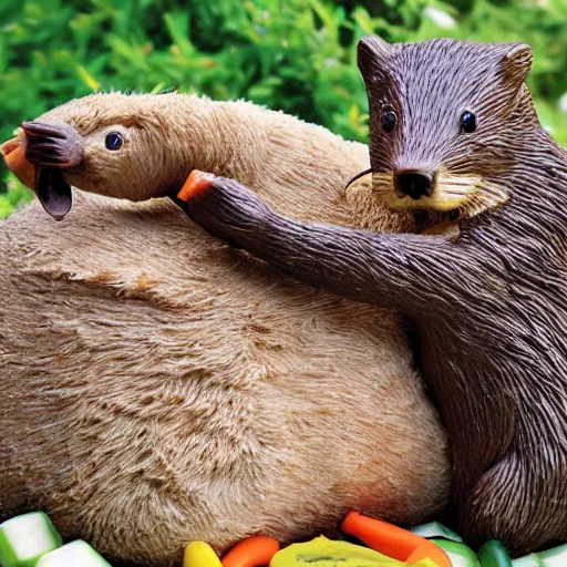 Image similar to real beaver and real duck sitting on vegetables