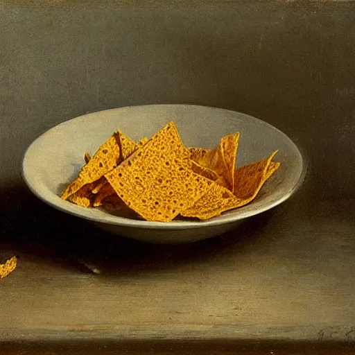 Prompt: Realistic still life of a bowl of doritos and a glass of mountain dew, by Fantin-Latour, 1866,