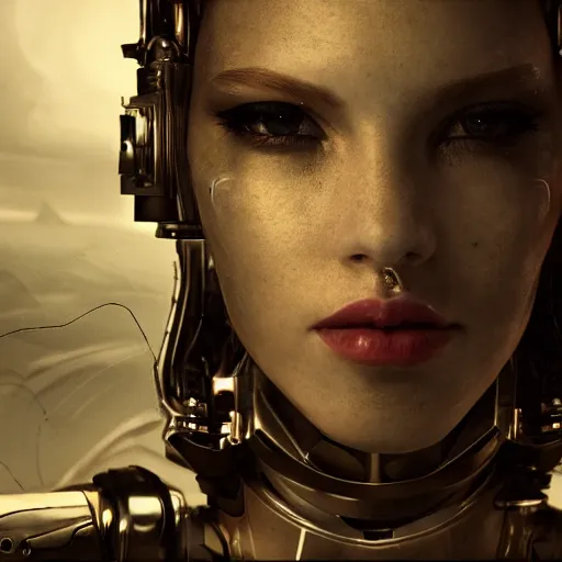 Image similar to masterpiece closeup portrait of a beautiful girl cyborg-armored in a surreal dream landscape, cinematic lighting, Marco Plouffe, 8k