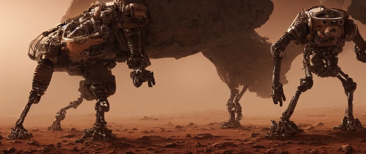 Image similar to bipedal sentient robots walking the surface of mars during a dust storm, vivid, sci fi, intricate, detailed, glossy, metallic, rusted parts, glowing eye, ultra detail