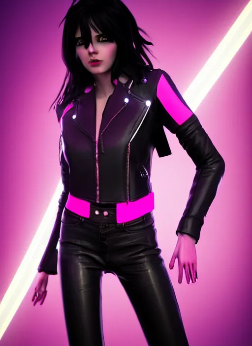 Prompt: a photo of 8k ultra realistic a black haired female in high heels and a black leather jacket, pink and blue neon, face enhance, cinematic lighting, trending on artstation, 4k, hyperrealistic, focused, extreme details, cinematic, masterpiece