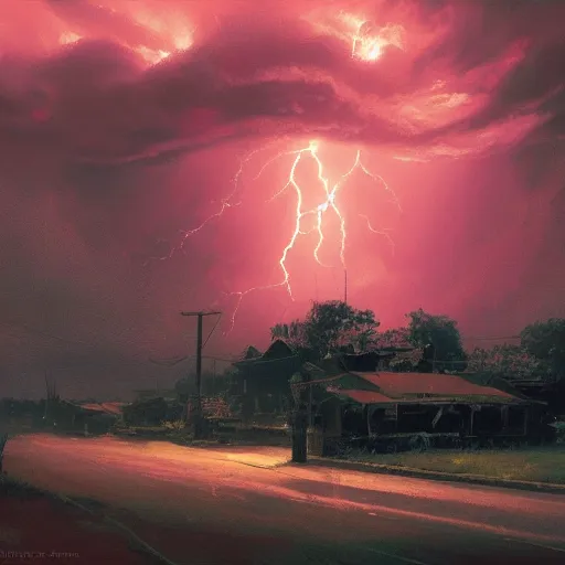 Image similar to a beautiful thunderstorm rolling over a small town, with the clouds illuminated slightly red, ominous, eerie, wayne barlow, craig mullins