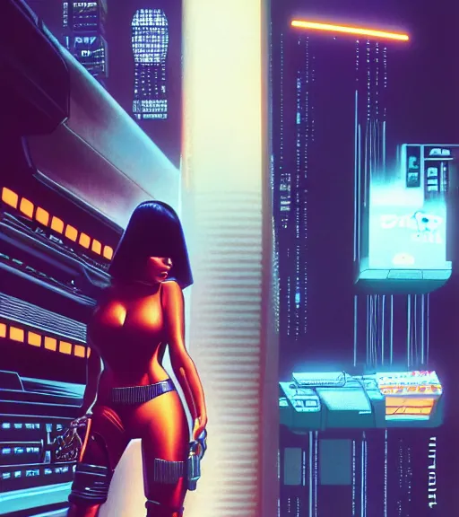 Prompt: cable plugged in, side of head, very very beautiful woman, cyberdeck computer terminal, street level night city, 1 9 7 9 omni magazine cover, style by vincent di fate, artgerm, cyberpunk 2 0 7 7, very coherent, detailed, 4 k resolution, unreal engine, daz