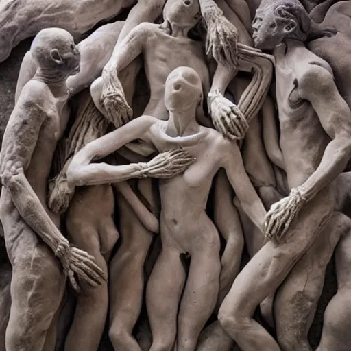 Image similar to dmt bodies. Mesh of human figures intertwined. earthen colors. Beautiful, realistic, extremely anatomical marble sculptures. Disturbing scene. Tangled human forms. A sea of bodies sculpted by August Rodine.