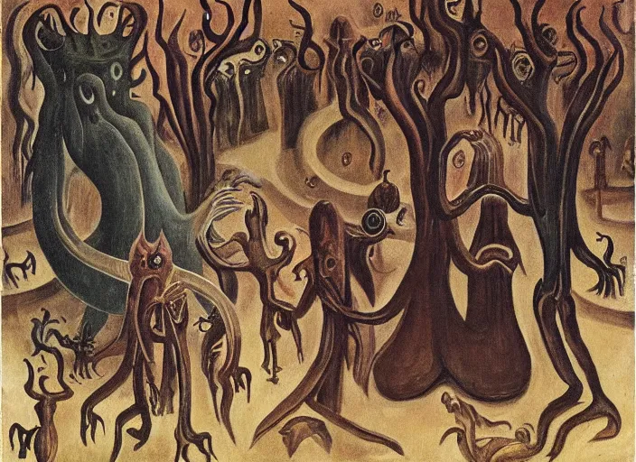 Image similar to a procession of eldritch cultist towards a lovecraftian temple by leonora carrington