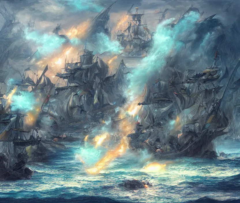 Prompt: naval epic battle, fantasy concept art, colorful digital painting, highly detailed