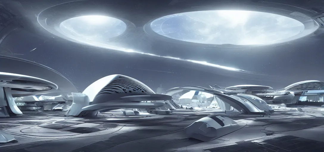 Image similar to a futuristic solarpunk spaceport, designed by zaha hadid, sci - fi, digital art by paul chadeisson