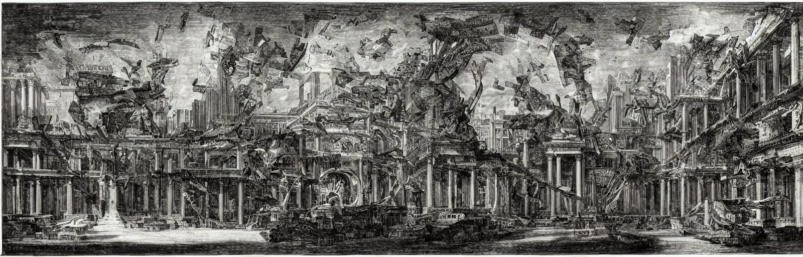 Image similar to a imaginative and theatrical architectural prison landscape, etching by giovanni battista piranesi