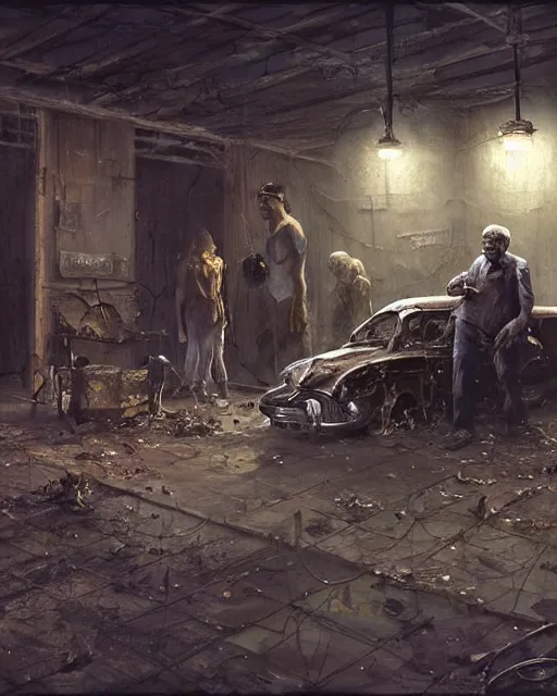 Prompt: a highly detailed epic cinematic concept art CG render digital painting artwork: old dead couple at a decayed gas station surrounded by dark figures. volumetric lighting. By Greg Rutkowski, in the style of Francis Bacon and Syd Mead and Norman Rockwell and Beksinski, open ceiling, highly detailed, painted by Francis Bacon and Edward Hopper, painted by James Gilleard, surrealism, airbrush, Ilya Kuvshinov, WLOP, Stanley Artgerm, very coherent, triadic color scheme, art by Takato Yamamoto and James Jean
