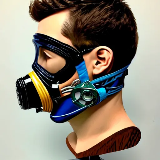 Prompt: portrait of a male diver with a oxygen mask intricate detailed mask with front profile by MARVEL comics and Sandra Chevrier