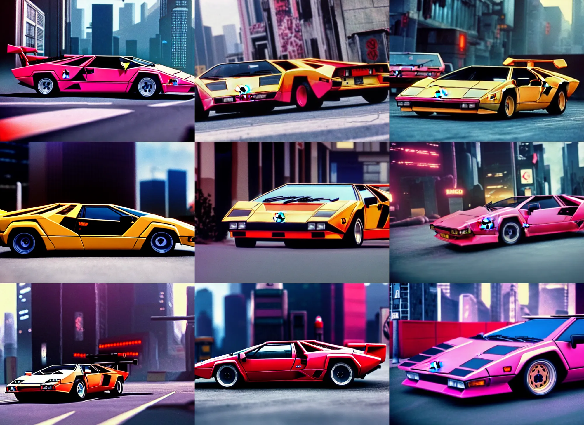 Prompt: a 1 9 8 5 lamborghini countach, akira style, racing fast around a cyberpunk city corner