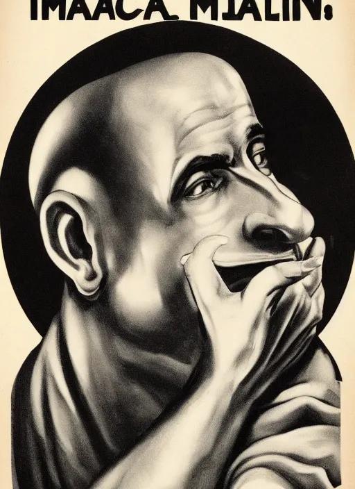 Prompt: portrait of glamorous bald medieval man with big nose and annoyed gesture, threatening pose, 1940s propaganda poster, full hd,highly detailed