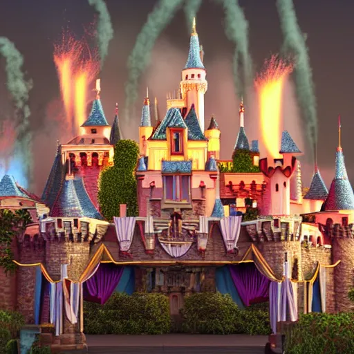 Image similar to the disneyland castle on fire, highly detailed, 8 k resolution, ultra realistic