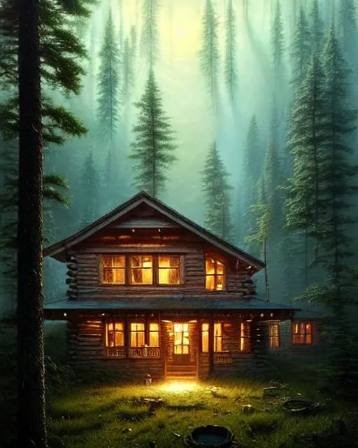 Image similar to a hyper - detailed 3 d render like an oil painting of cabin in the woods floating through space and time!!!!! surreal concept art, lifelike, photorealistic, digital painting, aesthetic, smooth, sharp focus, artstation hd, by greg rutkowski, bruce pennington, valentina remenar, rhads, asher duran,