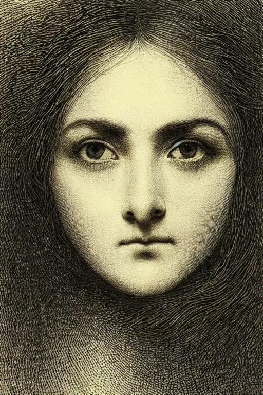 Prompt: extreme close-up portrait of a woman, face covered by hair, forest background, Gustave Dore lithography