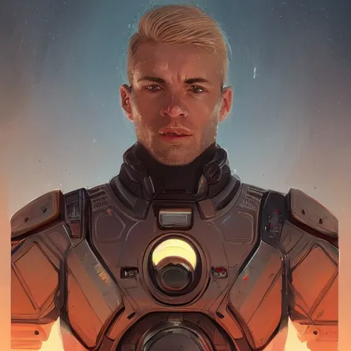 Image similar to portrait of a man by greg rutkowski, he is about 3 0 years old, short blond hair, athletic and strong, straight jaw, looking puzzled, wearing futuristic space gear, highly detailed portrait, digital painting, artstation, concept art, smooth, sharp foccus ilustration, artstation hq.