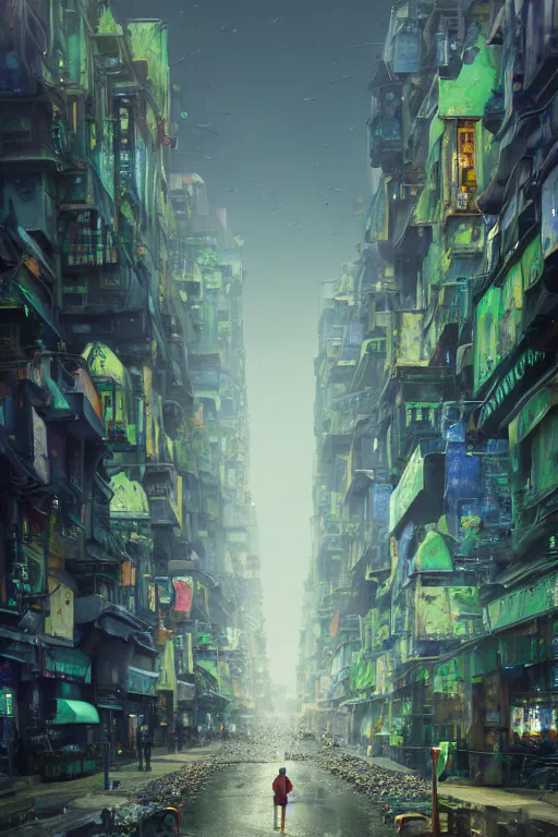 Image similar to a portrait of a small person in the middle foreground walking in the street of a great green and blue mechanical city by Greg Rutkowski, Sung Choi, Mitchell Mohrhauser, Maciej Kuciara, Johnson Ting, Maxim Verehin, Peter Konig, final fantasy , mythical, 8k photorealistic, cinematic lighting, HD, high details, atmospheric,