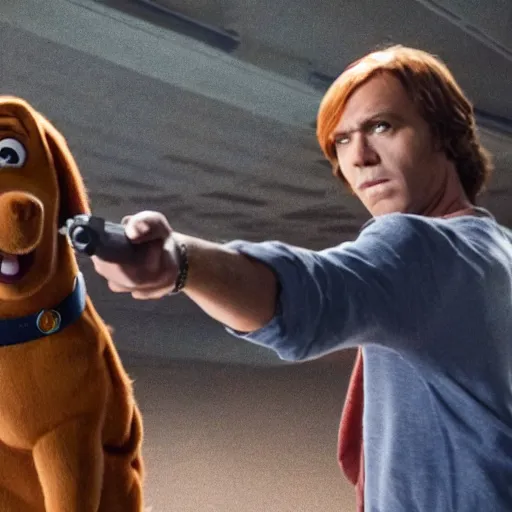 Image similar to scooby doo holding a gun, film still from the movie directed by denis villeneuve with art direction by bill ward, wide lens