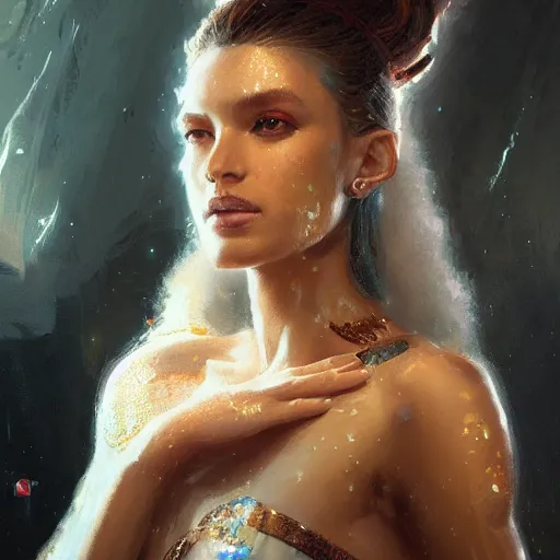 Image similar to a beautiful portrait of a goddess with diamond skin by greg rutkowski and raymond swanland, trending on artstation, ultra realistic digital art