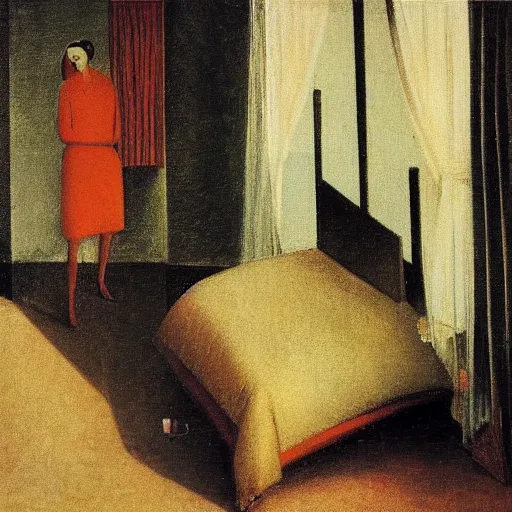 Prompt: a liminal hotel room with a black glass statue, by balthus