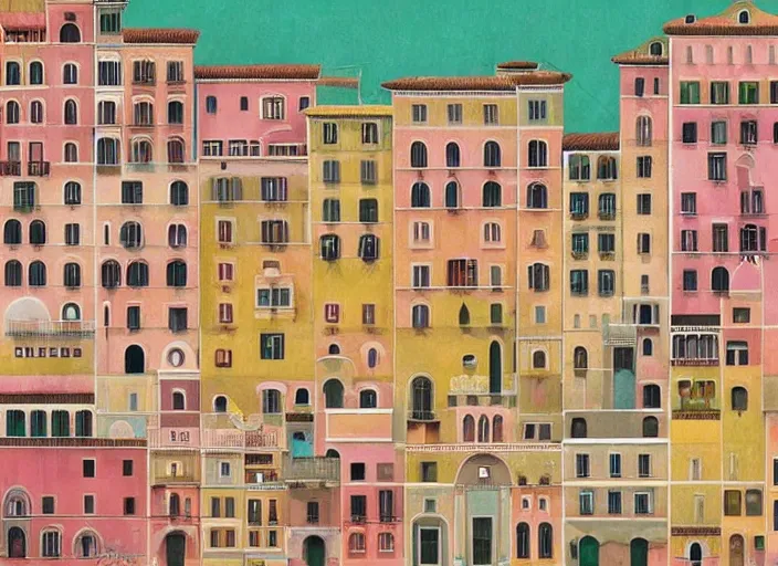 Image similar to symmetry!! italian city, a beautiful painting representative of the art style of wes anderson and spike jonze