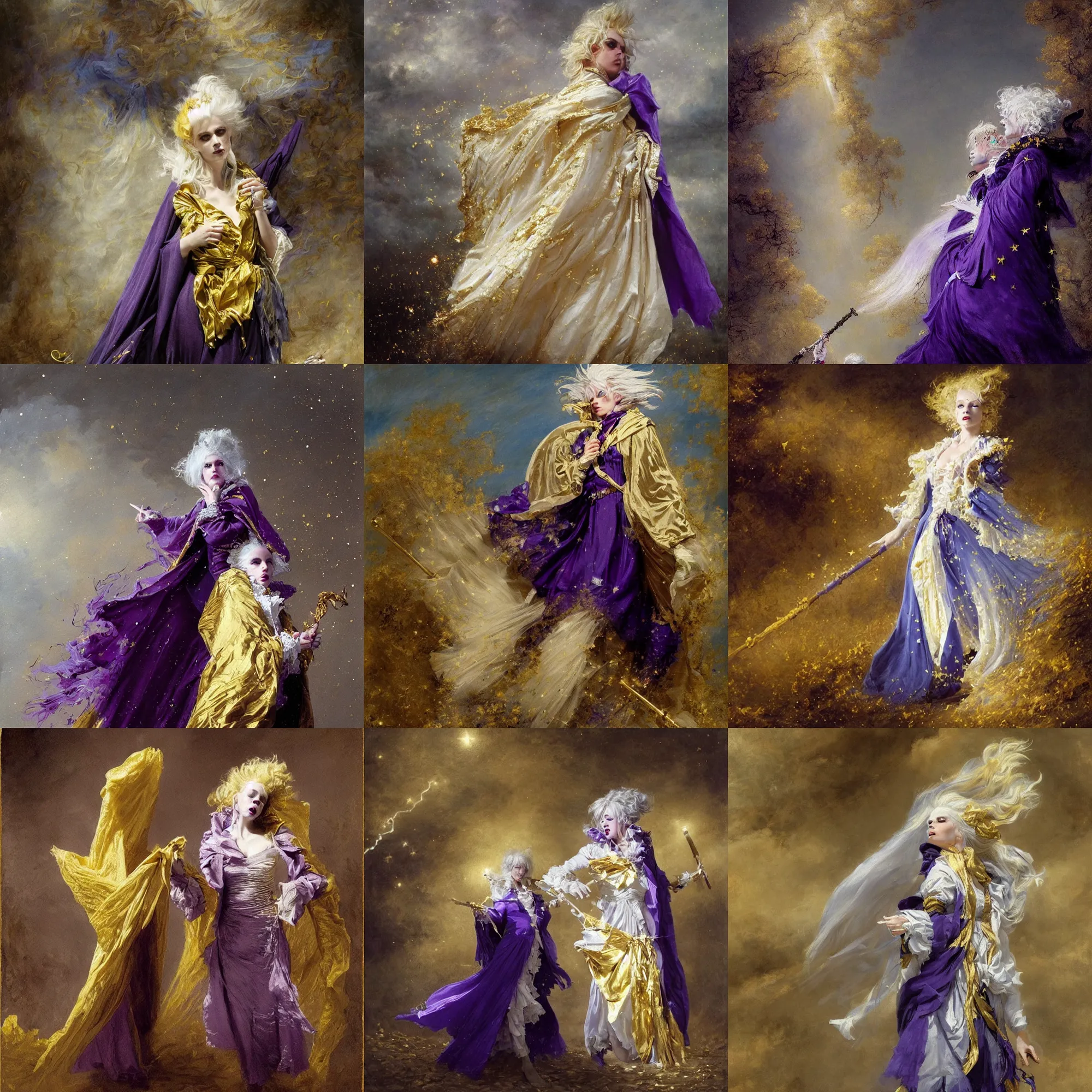 Prompt: a vampire with long light white hair and a gold scarf, windy, blue ribbons, purple torn cape, stars, melancholic, modern maximalist fashion dress, is ( ( holding a staff ) ). light dust, magnificent, hyperdetailed, theatrical, painted by jean honore fragonard and greg rutkowski