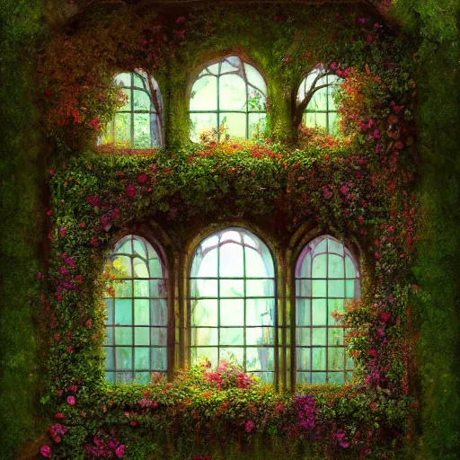 Prompt: an abandoned room overgrown with verdant ivy, an antique window surrounded by lush flowers cherry _ blossomherb, 8 k resolution detailed fantasy art, asymmetrical composition, anato finnstark marc simonetti lisa frank zbrush central gloomy midnight