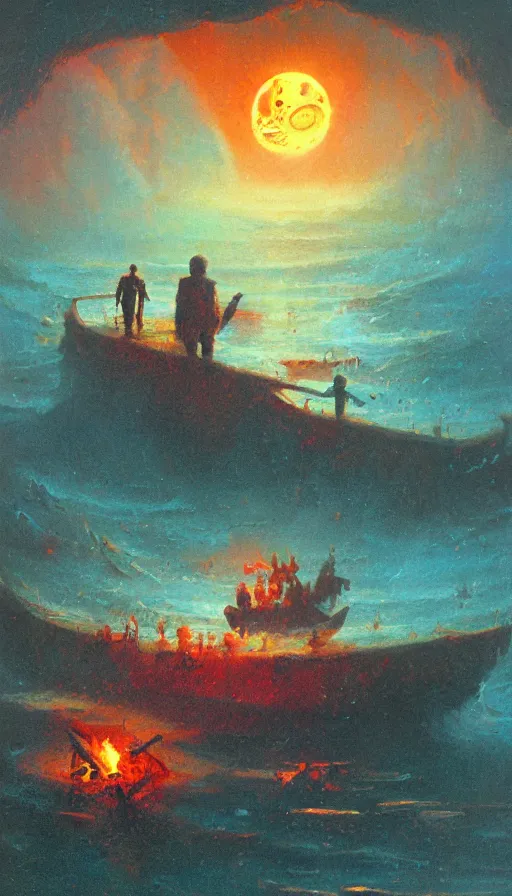 Image similar to man on boat crossing a body of water in hell with creatures in the water, sea of souls, by paul lehr,