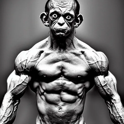 Image similar to Gollum is a jacked muscle builder gigachad, grayscale photography