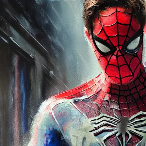 Image similar to young jim carrey as spiderman, realistic, ultrahd, jeremy mann painting
