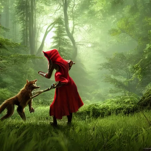 Image similar to smirking heavily armed little red riding hood getting attacked by a werewolf from behind in a lush green forest, sharp focus, unreal engine 5, digital illustration, volumetric light, highly detailed, intricate, by michael whelan, james gurney, 8 k