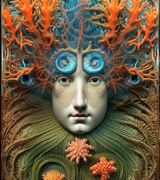 Prompt: hyperrealistic detailed underwater face portrait of the beautiful god of the fish with an intricate headgear of corals, sea kelp, sea plants, fish, starfish, jellyfish, art by ernst haeckel, james jean, john william godward, gothic, neo - gothic, ornamental, beautiful deep colours,