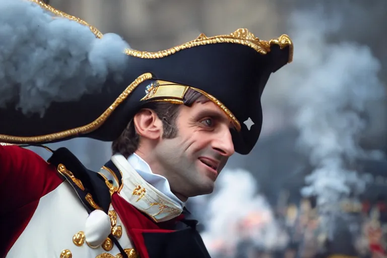 Image similar to closeup portrait of emmanuel macron dressed as napoleon firing a cannon in a street, natural light, sharp, detailed face, magazine, press, photo, steve mccurry, david lazar, canon, nikon, focus