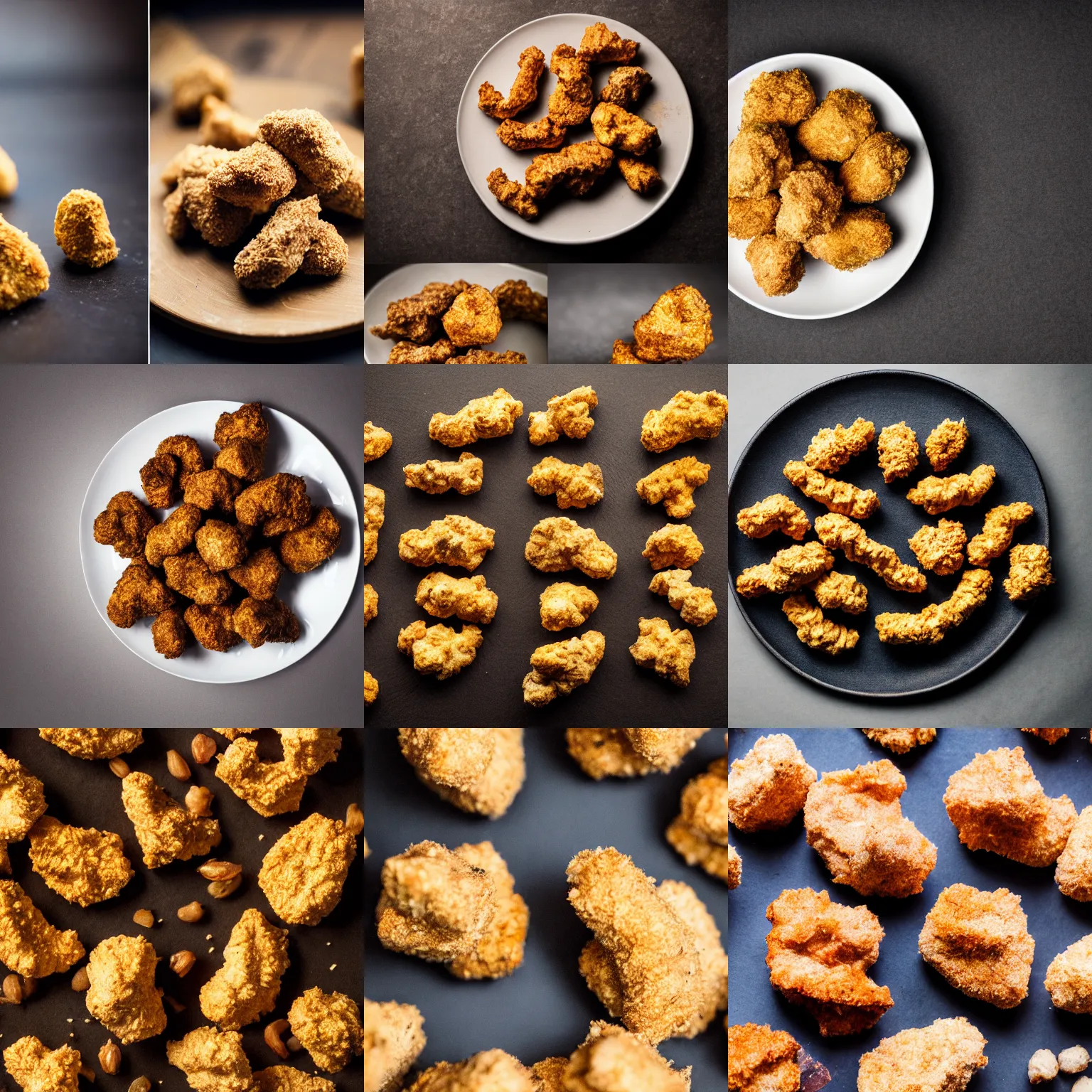 Prompt: food photography of dino shapped nuggets, professional, rustic, highly detailed, high resolution, studio lighting, sharp focus, flickr, uber eats photo, award winning, dslr