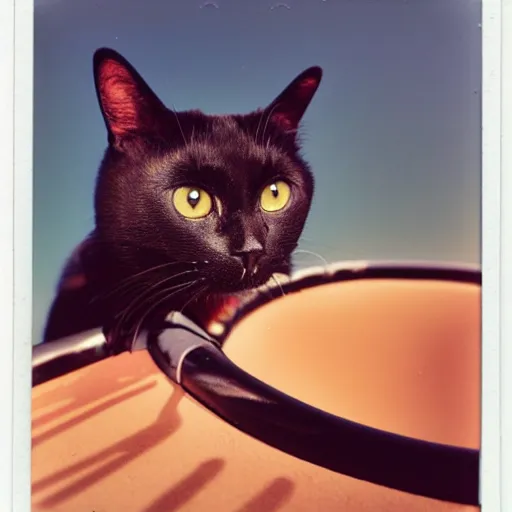 Prompt: black cat in a rollercoaster. the cat looks happy. sunny landscape. polaroid photo. tri color.