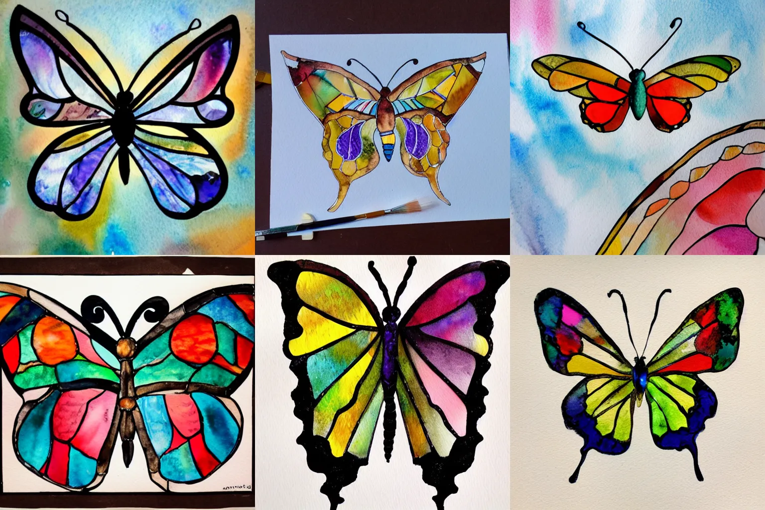 Prompt: watercolor painting of butterfly with stained glass wings