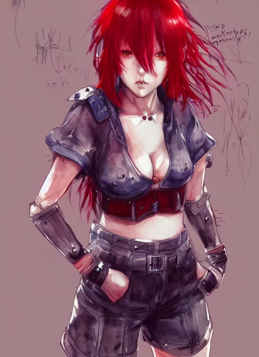 Prompt: fullbody!! yoshitaka amano lineart, watercolour, gorgeous girl symmetrical face, short red hair, crop top, shorts, dynamic action pose, hyper detailed, character concept, intricate, elegant, digital painting, artstation, smooth, sharp focus