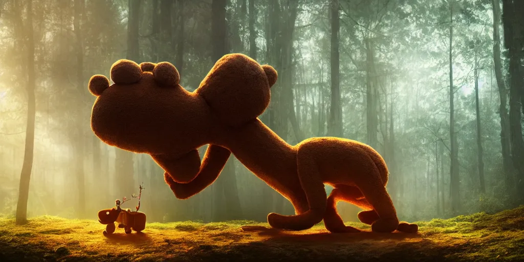 Image similar to a giant ant is riding a giant teddy bear in a forest, moody, cinematic light, matte painting, concept art, highly detailed, 8k