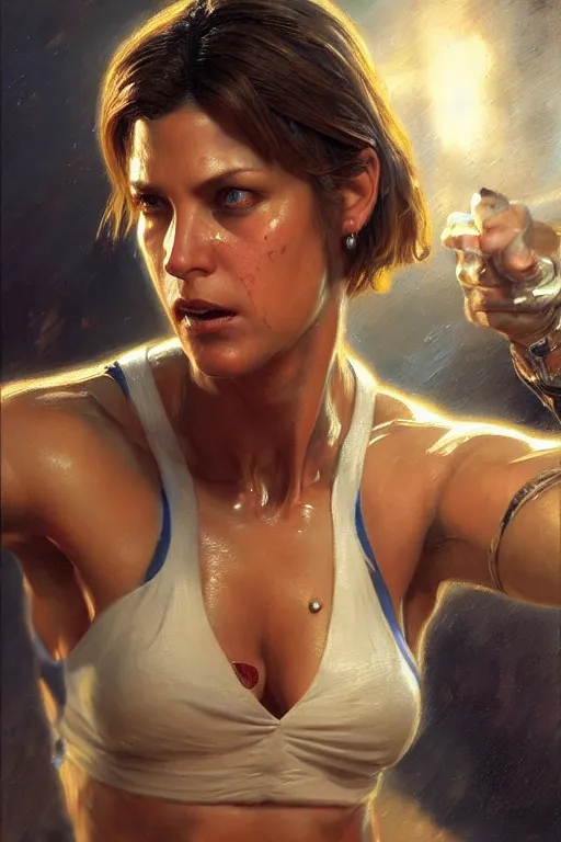 Image similar to muscular sweat, jill valentine as cop, face close up, highly detailed painting by gaston bussiere, craig mullins, j. c. leyendecker 8 k