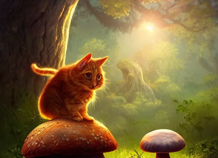 Image similar to a cute creature sitting next to a mushroom, golden hour, fantasy, sharp focus, digital art, hyper realistic, 4 k, unreal engine, highly detailed, hd, dramatic lighting by brom, trending on artstation, new cats movie