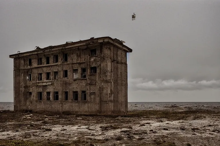 Image similar to high key lighting, ighting storm, danila tkachenko, photograph of an abandonet soviet building bloc in the middle of the ocean,