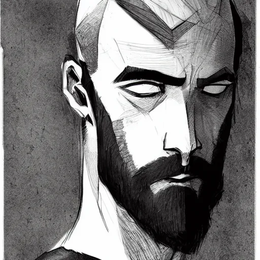 Prompt: very high angle view, very attractive man with beard, body full, strong masculine features, 3/4 front view, slim, command presence, royalty, weathered face, smooth, sharp focus, organic, appealing, book cover, deep shadows, by Dave McKean sketch lineart for character design