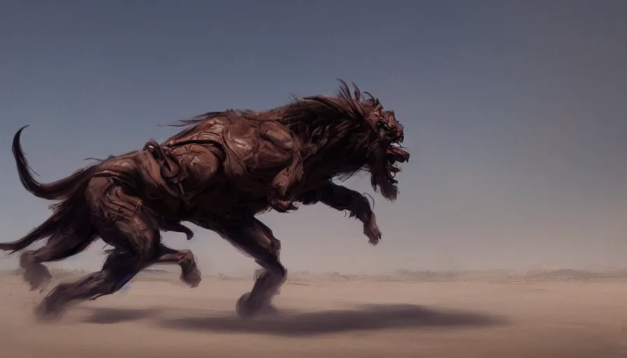 Image similar to concept art of beast running across the open desert by jama jurabaev, trending on artstation, high quality, brush stroke