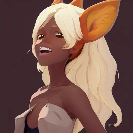 Image similar to portrait of a dark skinned woman with blonde hair and fox ears, wings, highly detailed, digital painting, artstation, matte, by makoto shinkai, animation style, studio ghibli, anime key visual