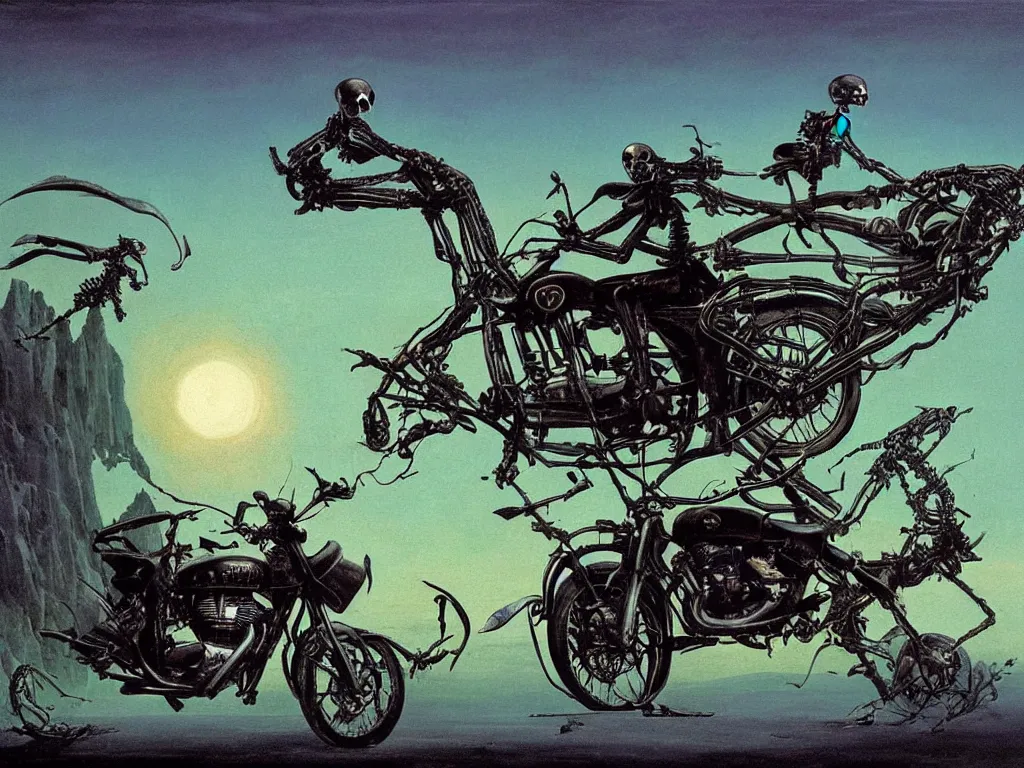 Prompt: Into darkest cosmos, A Royal Enfield Interceptor 650 motorcycle flying and a skeleton is riding it. Painting by Caspar David Friedrich, Roger Dean, Walton Ford